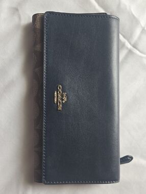 Coach Navy Leather Continental Wallet with Signature Canvas Trim